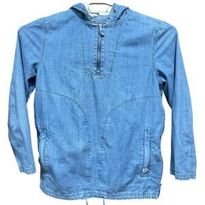 Ninth Hall Womens Top M Blue Denim Pockets Side Zipper Slit Hooded 100% Cotton